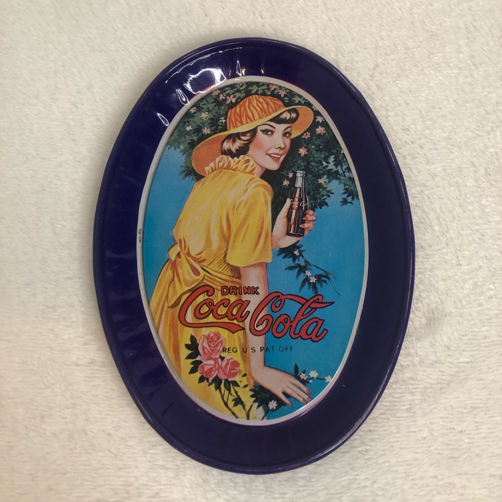 Vintage Oval Coca Cola Lady Tin Tip Tray Metal Collectable Advertisement